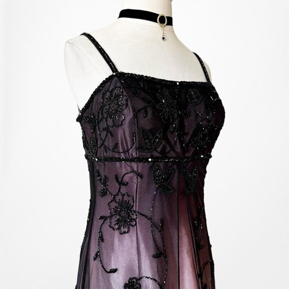 Vintage Plum Brown Floral Beaded Satin Gradient Mesh Maxi Prom Dress Size S - Picture 9 of 11